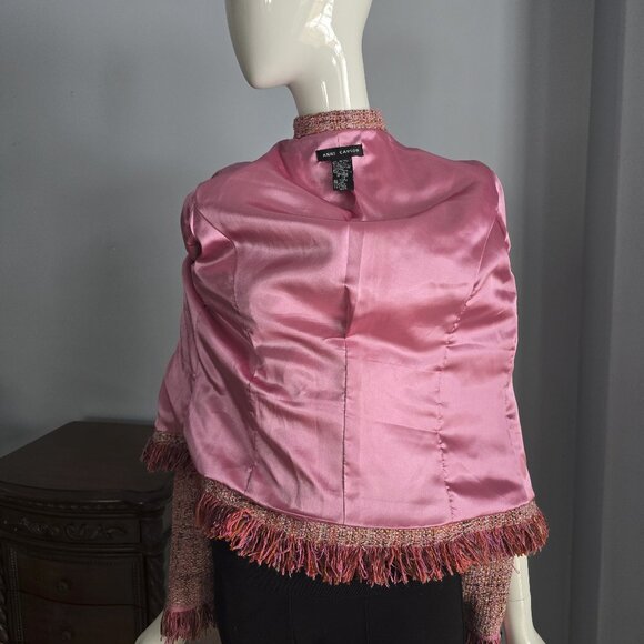 Anne Carson Pink Tweed Fringe Jacket - Silk Blend Boucle Blazer - Picture 3 of 4